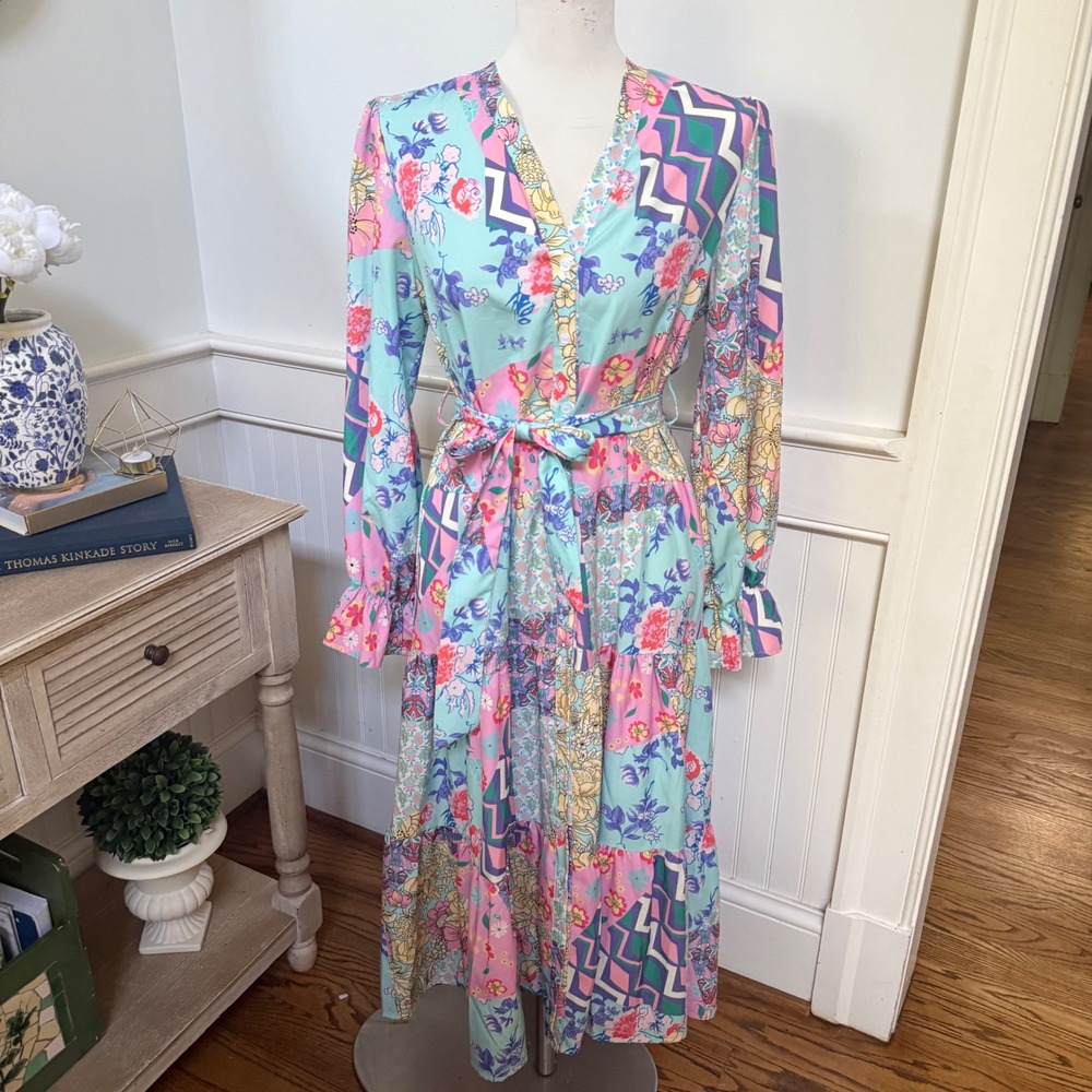 SundayUp Women Patchwork Floral Maxi Dress V-Neck Tiered Boho Multicolor Size M